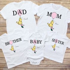 All our baby bodysuits and toddler T Shirts are made using Gerber brand. ONESIES® Brand trademark is owned by Gerber Childrenswear LLC Please note listing is for one shirt only (if you require more than one, please return to listing and repeat for each shirt) Capture the essence of childhood wonder and togetherness with our matching family shirts featuring beloved Classic Pooh illustrations. Each shirt is personalized with names, making them a delightful choice for family outings and special occ Pooh And Mickey Sharing Shirt, Family Matching Cartoon Print Cotton Tops, Family Matching Character Print Cotton Tops, Family Matching Cotton Tops With Cartoon Print, Family Matching Cotton Tops With Character Print, Family Cotton T-shirt With Cartoon Print, Family Cartoon Print Crew Neck Tops, Cute Family Tops With Funny Print, Fun Character Print Tops For Family Events