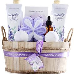 LUXURIOUS 11 PIECE GIFT BASKET SET ♥Including Shower Gel, Bubble Bath, Body Lotion, Hand Cream, Bath Salt, Massage Essential Oil, 2 Bath Bombs, Bath Pouf and Exfoliating Loofah. This spa gift basket has everything a woman needs! ROMANTIC LAVENDER ♥ Bathe in our lavender spa gift set and transport yourself into a beautiful world! Enjoy our sweet floral lavender scent. The fresh scent of lavender lasts long and will definitely bring you the desired relaxation! FOR ALL SKIN TYPES ♥ Ideal gift sets Spa Gift Baskets, Bath Gift Basket, Spa Basket, Beauty Spells, Lavender Spa, Best Gift Baskets, Gift Baskets For Women, Lavender Fragrance, Spa Gift Basket