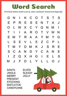 the word search is shown with an image of a car and a christmas tree on it