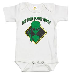 Rapunzie's adorable and out-of-this-world baby onesie featuring a captivating green alien graphic and the playful caption, "Not From Planet Earth." Crafted with utmost care, this onesie is made from 100% cotton to ensure the softest touch against your little one's delicate skin. Designed for comfort and style, this onesie comes with short sleeves, making it perfect for warmer days or as a layering piece during cooler weather. The vibrant green alien graphic adds a touch of whimsy and sparks the Green Fitted Casual Onesie, Fitted Short Sleeve Fun Bodysuit, Fun Fitted Short Sleeve Bodysuit, Fitted Cartoon Print Onesie With Short Sleeves, Fitted Short Sleeve Onesie With Cartoon Print, Fitted Cartoon Print Short Sleeve Onesie, Fitted Green Playful Onesie, Playful Green Fitted Onesie, Green Fitted Playful Onesie