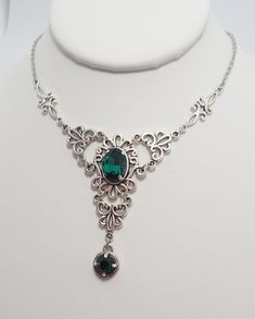 "This is a new handmade necklace. It is made with antiqued silver plated filigrees, accented with high quality EMERALD GREEN glass jewels/rhinestones that sparkle like crystals. Decorated portion is 4 1/2\" wide and 2 1/4\" tall in the center. Necklace is adjustable 15-18\" with a lobster clasp and chain extender. If you would like a different length, please send us a message. Matching earrings and headpiece are listed in our store in a variety of stone colors. If you don't see items with a colo Antique Silver Necklace, Choker Pendant, Chain Extenders, Crystal Ab, Necklace Choker, Custom Bracelets, Silver Filigree, Bridal Necklace, Handmade Necklace