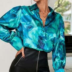 Vibrant Teal Colored Women’s Blouse With Elegant Teal Design Button Up. Flattering Satin, Savvy Notched Collared Neckline And Decadent Puff Style Long Sleeves. Lightweight, Comfortable And Relaxed Fit. Very Pretty And Professional. Non Stretch Woven Fabric. Machine Wash, Do Not Dry Clean,Wash With The Soft Detergent Short Sleeve Lace Blouse, Teal Design, Black Chiffon Blouse, Linen Tunic Tops, Floral Lace Tops, Paris Woman, Tie Neck Blouse, Linen Tunic, Floral Print Blouses