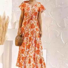 Brand New Orange Floral Button Down Tie-Waist Maxi Dress Orange V-neck Dress With Buttons, Orange Vacation Dresses With Buttons, Casual Maxi Dress With Buttons For Garden Party, Bohemian Dress Short, Boho Party Dresses, Boho Dress Short, Tie Waist Maxi Dress, Beach Bohemian, Spring Dresses Women