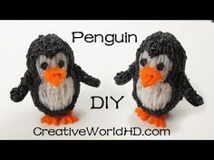 two penguins made out of yarn sitting next to each other on a white surface with the words penguin diy written below them