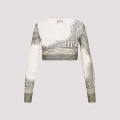 Jean Paul Gaultier Multicolor Cartouche Crop Top. Cartouche print tulle, crew neckline, long sleeves, cropped hem, stretch fit. Top Jean, Zegna Shoes, Pleats Please Issey Miyake, Jean Top, Balenciaga Designer, Paul Gaultier, Jean Paul, Jean Paul Gaultier, Yoga Wear