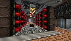 a very long room with some red and black items on the floor in front of it