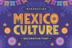 the mexican culture decorative font with flowers and leaves on it's border, in purple background