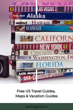 a camera sitting on top of a stack of books with the title free us travel guides maps and vacation guides