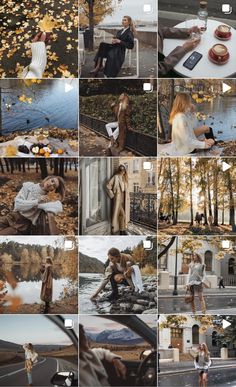 the collage shows many different photos and people in autumn outfits, with one woman sitting on