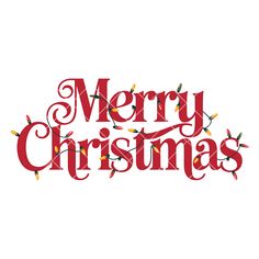 the words merry christmas written in red and green lettering on a white background with small lights