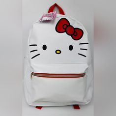 Hello Kitty Backpack 16” White Large Face Gold Zippers 16x14x5 Hello Kitty Print School Backpack, White Hello Kitty Backpack For Everyday Use, White School Bag With Cat Design, White Hello Kitty Backpack For Daily Use, White Hello Kitty Print Backpack For Daily Use, Cute White Backpack With Zipper Closure, White Student Bag With Cat Design, Trendy White Backpack With Cat Design, White Hello Kitty Backpack In Kawaii Style