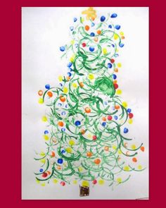 a child's drawing of a christmas tree made with crayons and colored pencils