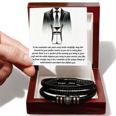 Introducing the Sommelier's Signature Bracelet — a symbol of refined taste and professional elegance. Crafted with the finesse of a master vintner's touch, this bracelet is designed to parallel the subtlety and depth of a fine wine. Its woven leather exudes a vintage charm, while the stainless steel accents mirror the polished look of a sommelier at work. Encased in a handsome display box, complete with a personalized message card, it makes the perfect accessory for the discerning sommelier who Modern Bracelets For Father's Day Gift, Modern Bracelet For Father's Day Gift, Elegant Engraved Bracelet For Formal Occasions, Elegant Jubilee Bracelet As Gift, Elegant Jubilee Bracelet Perfect For Gifts, Adjustable Engraved Bracelets For Formal Occasions, Elegant Adjustable Jewelry For Father's Day, Elegant Jewelry With Gift Box, Elegant Engraved Bracelets For Father's Day