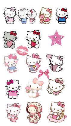 many hello kitty stickers are shown on a white background