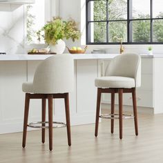 two stools sitting in front of a kitchen counter