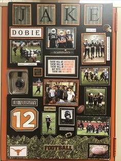 a bulletin board with football pictures and other sports related items on it's side