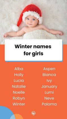 a baby wearing a santa hat with the names of winter names for girls on it