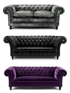 three different styles of couches with black and purple velvet upholstered on them