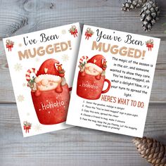 two christmas greeting cards with santa claus in a mug