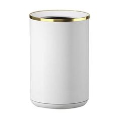 a white and gold trash can on a white background