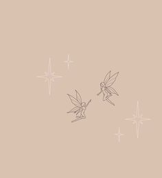 two small tinkerbells flying in the air with stars behind them on a pink background