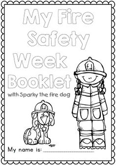 a fire safety week book with a dog and a fireman in the back ground