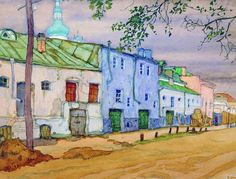 an image of a painting of some houses in the street with trees and buildings on either side