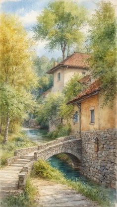 a painting of a bridge over a river next to a stone building with trees in the background