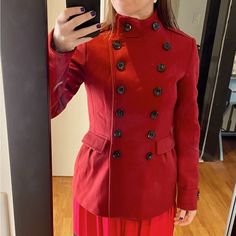 Brand New Red Wool Women’s Coat From Burberry. Never Been Worn! Us Women’s Size 6. Comes From A Pet Free, Smoke Free Home. In Perfect Condition. Red Stand Collar Blazer For Winter, Red Double-breasted Outerwear For Fall, Red Double-breasted Outerwear For Work, Red Double-breasted Outerwear For Office, Red Double-breasted Outerwear For Winter, Tailored Red Outerwear With Buttons, Elegant Red Outerwear With Stand Collar, Red Stand Collar Outerwear With Buttons, Red Fitted Blazer With Stand Collar