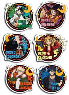 six stickers with anime characters on them, all in different colors and sizes are shown