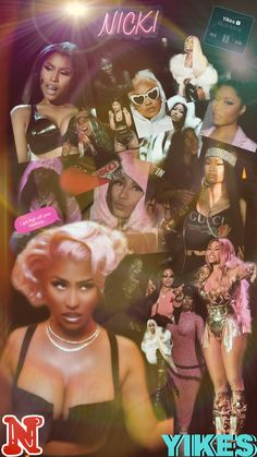 a collage of women in different outfits and hair styles, all with the words nicki on them