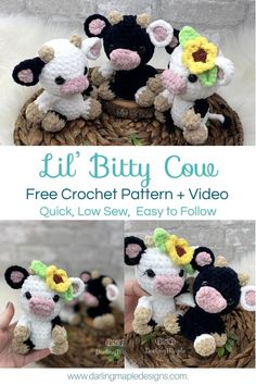 crochet pattern for a little cow with flowers on its head sitting in a basket