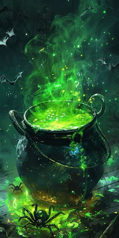 a witches caulder filled with green liquid surrounded by bats and spider webs