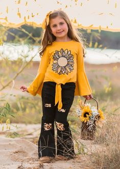 Girls Yellow Sunflower Top and Denim Jeans Set Yellow Long Sleeve Top With Sunflower Print, Yellow Long Sleeve Tops With Sunflower Print, Hannah Rose, Torn Jeans, Girl Accessories, Dress Order, Yellow Sunflower, Jean Top, Cute Sets