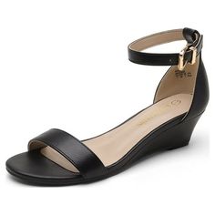 Dream Pairs Women Low Wedge Heel Sandals Open Toe Ankle Strap Buckle Lady Work Casual Shoes INGRID BLACK/PU Size 6.Featuring ankle strap construction with buckle closure, padded cushion insole, TPR rubber outsole for easy movement. Feature a classic open-toe design. Gender: female.  Age Group: adult. Low Wedge Heel Sandals, Low Wedge Sandals, Low Heel Wedges, Shoe Tags, Low Wedges, Wedge Heel Sandals, Up Shoes, Dress Sandals, Heel Sandals