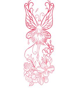 a drawing of a red fairy with flowers and butterflies on it's back side