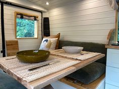 a bowl on top of a table in a room with white walls and wood flooring