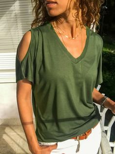 Casual Solid Shirts & Tops Stretch V-neck T-shirt For Summer, Casual Green V-neck Short Sleeve Top, Trendy V-neck T-shirt For Vacation, Trendy V-neck Shirt For Vacation, Stretch V-neck Shirt For Summer, Solid V-neck Summer Top, Stretch V-neck Shirt For Spring, Trendy Short Sleeve V-neck Top For Fall, Fall Vacation Tops With V-neck