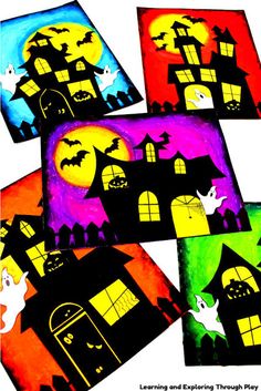 halloween art project for kids to make with colored paper and glue, including ghost houses