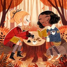 two children are sitting at a table in the woods reading books and drinking from mugs