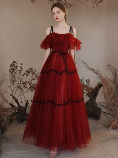 Prom Royalty, Off Shoulder Tulle, Burgundy Formal Dress, Prom Dresses Burgundy, Winter Wedding Venues, Dresses Burgundy, Evening Party Dresses, Burgundy Style, Tulle Sleeves