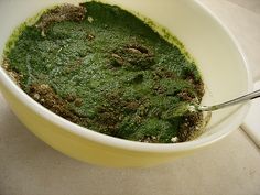 a white bowl filled with green stuff on top of a counter