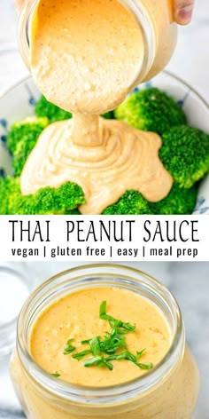 thai peanut sauce in a glass jar with broccoli on the side and an image of