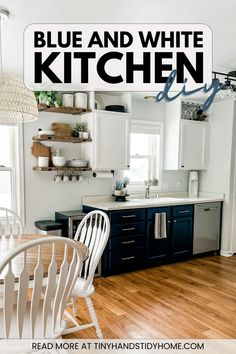 Image of the completed navy and white two tone kitchen cabinets. The lower cabinets are painted navy and upper cabinets are painted white. The text over the image reads, "Blue and White Kitchen DIY". Navy Blue And White Kitchen Cabinets Paint Colors, White Cabinet Navy Backsplash, 2 Tone Kitchen Cabinets Blue And White, Two Toned Kitchen Cabinets Blue And White, Two Toned Kitchen Cabinets Navy And White, Navy And White Kitchen Cabinets, Blue And White Kitchen Cabinets, Navy And White Kitchen, Kitchen Navy