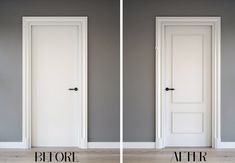 two doors with the same color as each other in front of a gray wall and white door