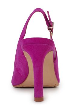 A square toe and tapered heel balance a polished sandal fashioned with an adjustable slingback strap for a secure fit. 4" heel (size 8.5) Adjustable slingback strap with buckle closure Leather upper/synthetic lining and sole Made in Brazil Party Slingback Pumps With Wrapped Heel And Square Toe, Pink Slingback Pumps With Wrapped Heel And Ankle Strap, Chic Pointed Toe Heels With Adjustable Straps, Formal High Heel Heels With Adjustable Straps, Spring Purple Slingback Pumps With Heel Strap, Purple Slingback Pumps With Ankle Strap, Pink Slingback Pumps With Wrapped Heel, Purple Slingback Pumps For Spring, Pink Open Toe Slingback Pumps With Sculpted Heel