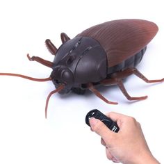 a person holding a remote control in front of a toy cockroach on a white background