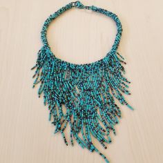 Brand New! Dramatic Beadwork! Bohemian Turquoise Bib Necklace With Colorful Beads, Turquoise Beaded Necklace With Dangling Round Beads, Turquoise Beaded Bib Necklaces, Bohemian Blue Turquoise Necklace With Round Beads, Elegant Beaded Turquoise Necklace For Beach, Elegant Turquoise Dangling Beads, Bohemian Blue Turquoise Beaded Necklace, Bohemian Blue Turquoise Necklace, Bohemian Large Blue Beads