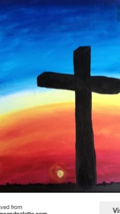 a painting of a cross with the sun setting behind it