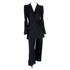 F/W 1994 John Galliano Double Breasted Oversized Silk Runway Suit | From a unique collection of rare vintage Trouser Pant Suits at https://www.1stdibs.com/fashion/clothing/suits-outfits-ensembles/trouser-pant-suits/. Chic Silk Business Suit, Chic Business Silk Suit, Luxury Silk Suits For Spring, Chic Silk Suit For Fall, Chic Fall Silk Suit, Silk Notch Lapel Suits For Evening, Spring Silk Formal Pantsuit, Silk Evening Suits With Notch Lapel, Spring Silk Pantsuit For Workwear